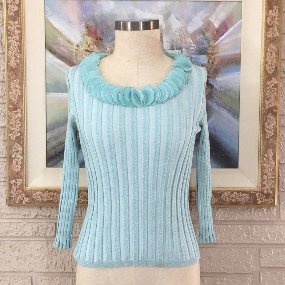 Sandra King Lifestyle Sequins Ruffle Neckline Top